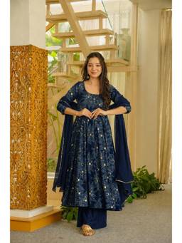 Gahan - Womens Blue Silk Blend Printed Anarkali Kurta with Palazzo & Dupatta