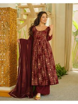 Gahan - Womens Maroon Silk Blend Printed Anarkali Kurta with Palazzo & Dupatta