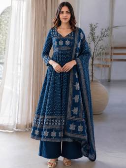 Gahan - Womens Blue Silk Blend Printed Anarkali Kurta with Palazzo & Dupatta