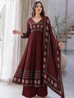 Gahan - Womens Maroon Silk Blend Printed Anarkali Kurta with Palazzo & Dupatta