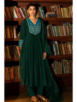 Gahan - Womens Green Viscose Blend Embroidered Anarkali Kurta with Pant & Dupatta