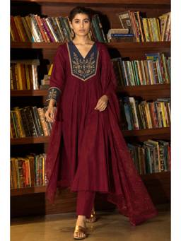 Gahan - Womens Maroon Viscose Blend Embroidered Anarkali Kurta with Pant & Dupatta