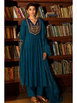 Gahan - Womens Teal Viscose Blend Embroidered Anarkali Kurta with Pant & Dupatta