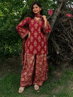 Gahan - Womens Maroon Printed Straight Kurta & Farshi Salwar with Dupatta