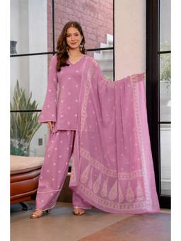 Gahan - Womens Lavender Cotton Blend Printed Kurta with Farshi Salwar & Dupatta