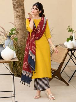 Gahan - Womens Yellow Viscose Blend Solid Kurta with Palazzo & Dupatta