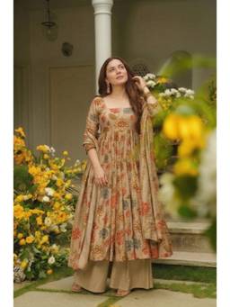Gahan - Womens Beige Rayon Blend Printed Anarkali Kurta & Palazzo with Dupatta