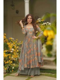 Gahan - Womens Grey Rayon Blend Printed Anarkali Kurta & Palazzo with Dupatta