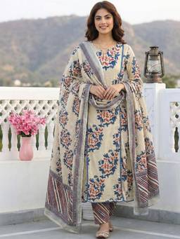 Gahan - Womens Cream Rayon Blend Printed Straight Anarkali Kurta with Pant & Dupatta