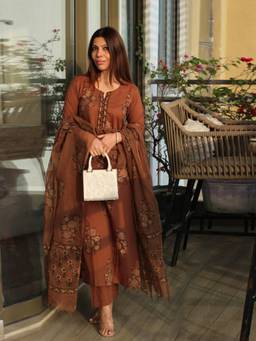 Gahan - Womens Rust Rayon Blend Printed Straight Kurta with Pant & Dupatta