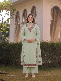 Gahan - Womens Pista Viscose Blend Embroidered Straight Kurta with Palazzo & Dupatta