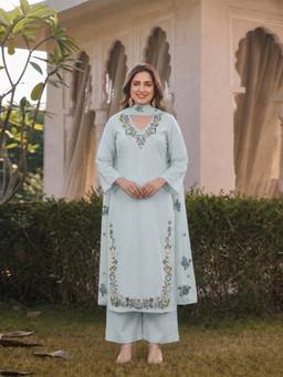 Gahan - Womens Sky Blue Viscose Blend Embroidered Straight Kurta with Palazzo & Dupatta