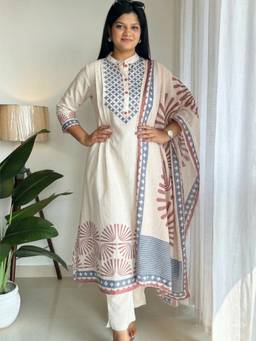 Gahan - Womens Cream Rayon Blend Printed Straight Anarkali Kurta with Pant & Dupatta