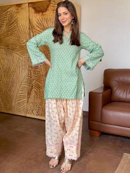Gahan - Womens Pista Viscose Blend Printed Kurta with Salwar