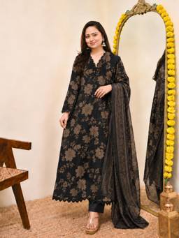 Gahan - Womens Black Printed Anarkali Kurta with Pant & Dupatta