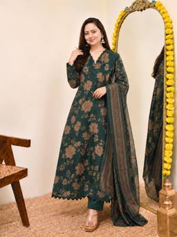 Gahan - Womens Green Printed Anarkali Kurta with Pant & Dupatta