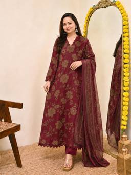 Gahan - Womens Maroon Printed Anarkali Kurta with Pant & Dupatta
