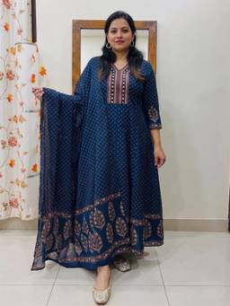 Gahan - Womens Blue Rayon Blend Printed A-Line Anarkali Kurta Pant with Dupatta