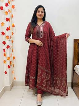 Gahan - Womens Maroon Rayon Blend Printed A-Line Anarkali Kurta Pant with Dupatta