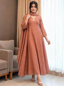 Gahan - Womens Rust Vichitra Embroidered Anarkali Kurta with Palazzo & Dupatta