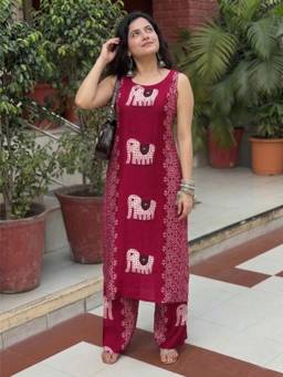 Gahan - Womens Maroon Rayon Blend Printed Kurta with Palazzo