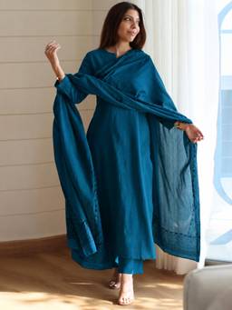 Gahan - Womens Blue Viscose Blend Solid Kurta with Pant & Dupatta