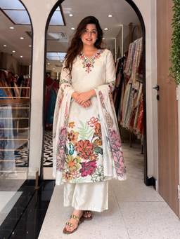 Gahan - Womens Off White Rayon Blend Printed Straight Kurta with Palazzo & Dupatta