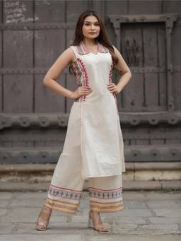 Gahan - Womens White Cotton Blend Straight Printed Embroidered Kurta with Palazzo