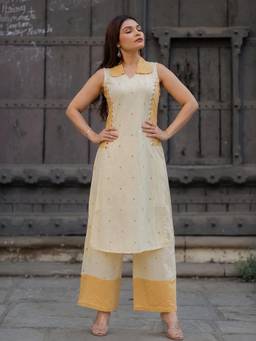 Gahan - Womens Cream Cotton Blend Straight Printed Embroidered Kurta with Palazzo