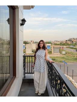 Gahan - Womens White Cotton Blend Printed Straight Short Kurta with Farshi Salwar