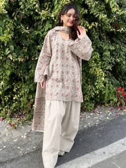 Gahan - Womens White Poly Cotton Printed Straight Kurta with Salwar & Dupatta