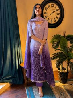 Gahan - Womens Purple Cotton Blend Embroidered Anarkali Kurta with Palazzo & Dupatta