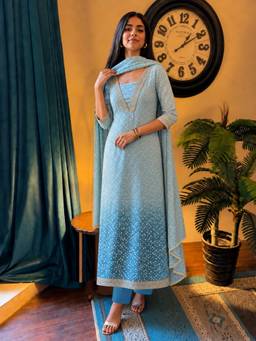 Gahan - Womens Blue Cotton Blend Embroidered Anarkali Kurta with Palazzo & Dupatta