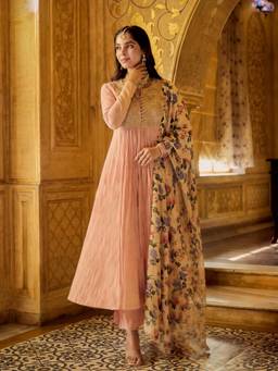 Gahan - Womens Peach Viscose Blend Embroidered A-Line Anarkali Kurta with Pant & Dupatta
