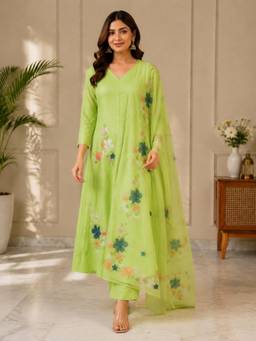 Gahan - Womens Green Viscose Blend Embroidered Straight Anarkali Kurta with Palazzo & Dupatta