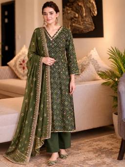 Gahan - Womens Green Viscose Blend Printed A-Line Kurta with Pant & Dupatta