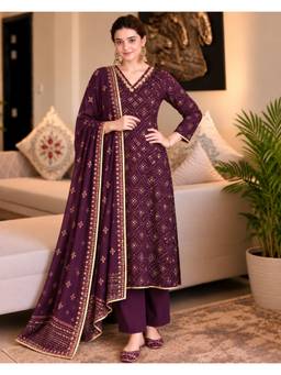 Gahan - Womens Wine Viscose Blend Printed A-Line Kurta with Pant & Dupatta