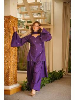 Gahan - Womens Purple Cotton Blend Embroidered Straight Kurta with Salwar & Dupatta