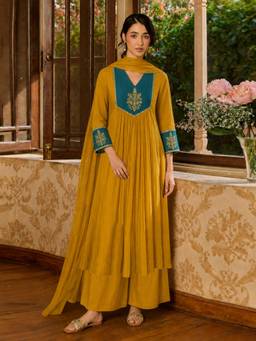 Gahan - Womens Yellow Embroidered A-Line Anarkali Kurta with Palazzo & Dupatta