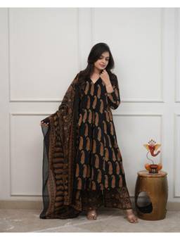 Gahan - Womens Black Cotton Printed Anarkali Kurta with Palazzo & Dupatta