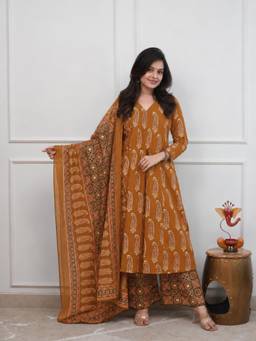 Gahan - Womens Mustard Cotton Blend Printed Anarkali Kurta with Palazzo & Dupatta