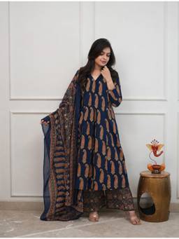 Gahan - Womens Blue Cotton Blend Printed Anarkali Kurta with Palazzo & Dupatta