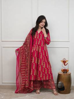 Gahan - Womens Pink Cotton Blend Printed Anarkali Kurta with Palazzo & Dupatta