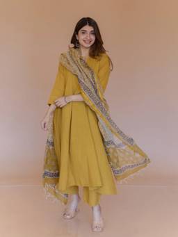 Gahan - Womens Mustard Viscose Blend Embroidered A-Line Anarkali Kurta with Palazzo & Dupatta