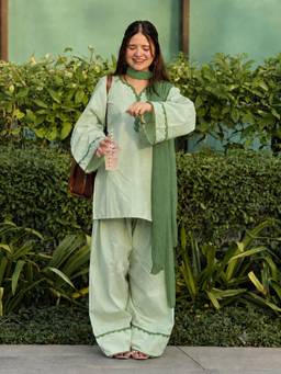 Gahan - Womens Green Cora Cotton Solid Kurta with Farshi Salwar with Dupatta