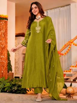 Gahan - Womens Green Viscose Blend Embroidered Anarkali Kurta with Pant & Dupatta