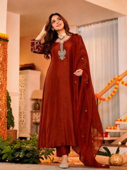 Gahan - Womens Maroon Viscose Blend Embroidered Anarkali Kurta with Pant & Dupatta