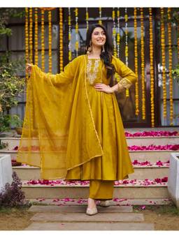 Gahan - Womens Yellow Embroidered A-Line Anarkali Kurta with Pant & Dupatta