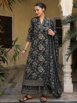 Gahan - Womens Teal Viscose Blend Printed Anarkali Kurta with Palazzo & Dupatta