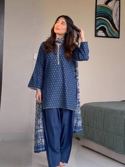 Gahan - Womens Blue Viscose Blend Printed Straight Kurta & Farshi Salwar with Dupatta